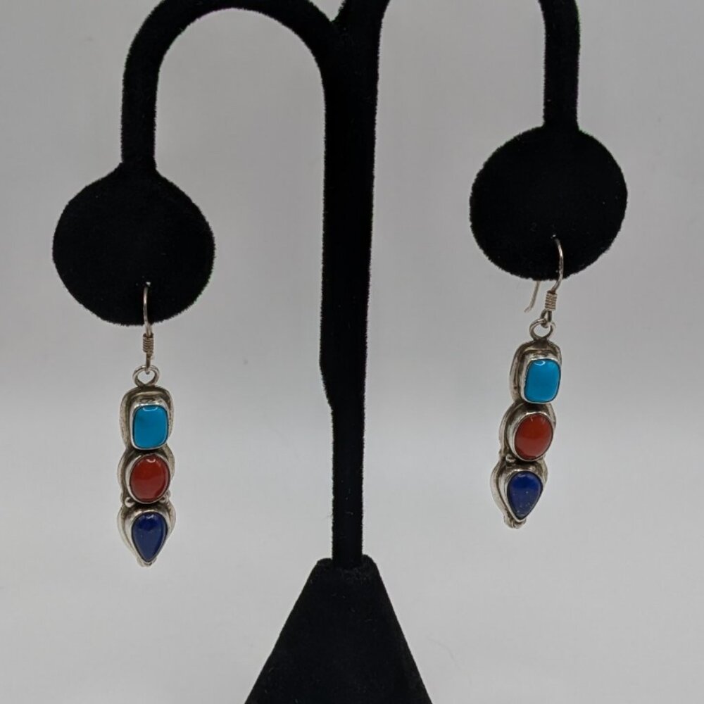 Sterling Silver Navajo Earrings Turquoise, Lapis, Coral, Kathleen Chavez